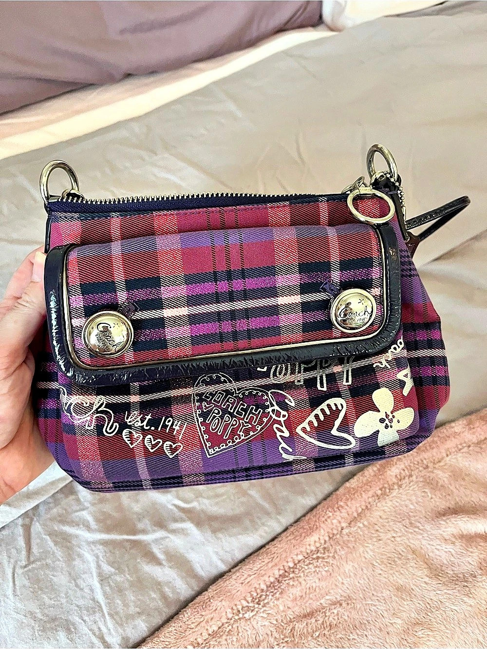 Coach Poppy Tartan Plaid Satchel Plaid Crossbody Bag in Purple & Pink